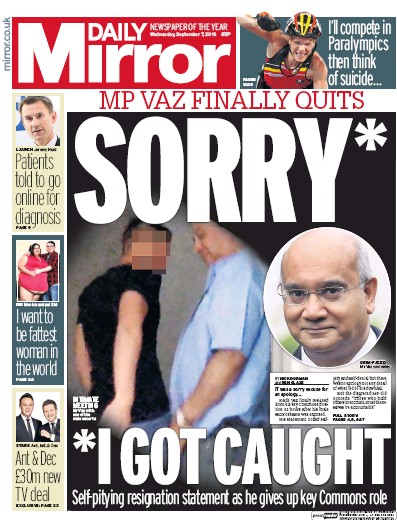 Daily Mirror Newspaper Front Page for 7 September 2016