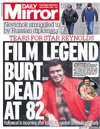 Daily Mirror Newspaper Front Page for 7 September 2018