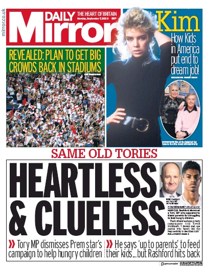 Daily Mirror Newspaper Front Page for 7 September 2020