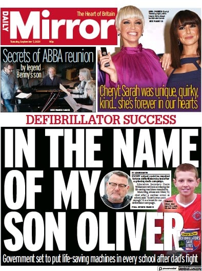 Daily Mirror (UK) Newspaper Front Page for 7 September 2021