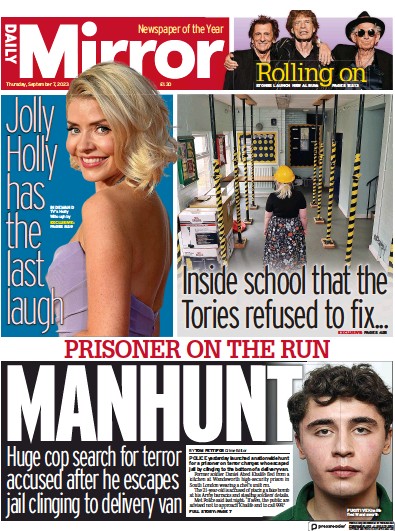Daily Mirror (UK) Newspaper Front Page for 7 September 2023