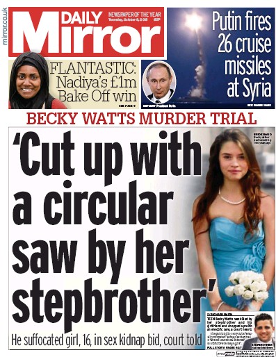 Daily Mirror Newspaper Front Page for 8 October 2015
