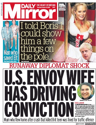 Daily Mirror Newspaper Front Page for 8 October 2019
