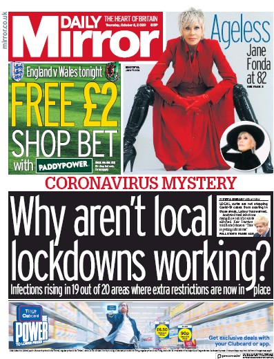 Daily Mirror Newspaper Front Page for 8 October 2020