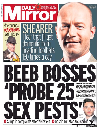 Daily Mirror Newspaper Front Page for 8 November 2017