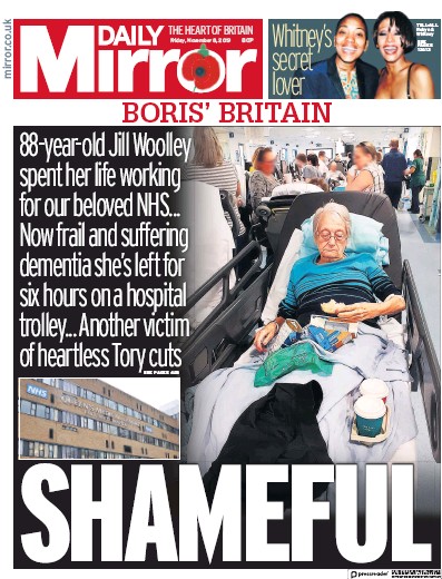 Daily Mirror Newspaper Front Page for 8 November 2019