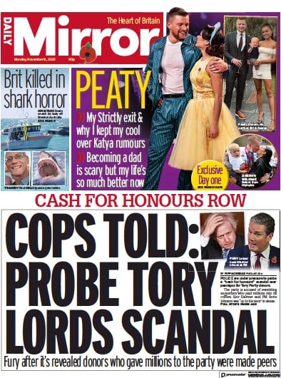 Daily Mirror (UK) Newspaper Front Page for 8 November 2021