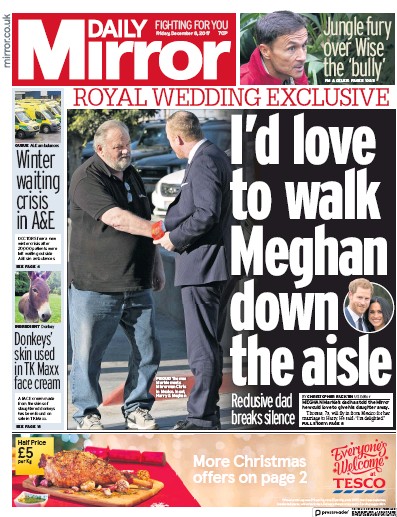Daily Mirror Newspaper Front Page for 8 December 2017