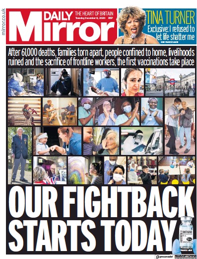Daily Mirror Newspaper Front Page for 8 December 2020