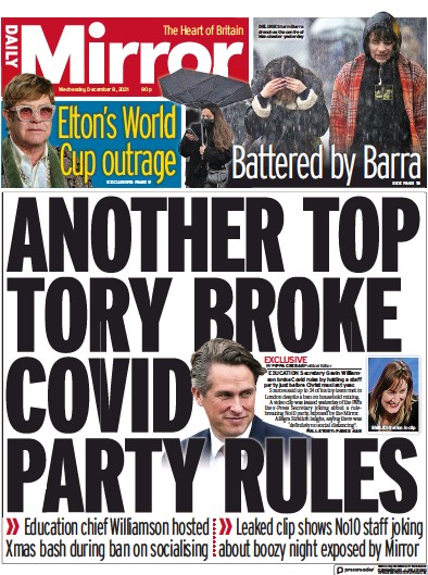 Daily Mirror (UK) Newspaper Front Page for 8 December 2021