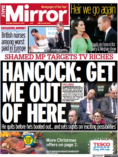 Daily Mirror (UK) Newspaper Front Page for 8 December 2022
