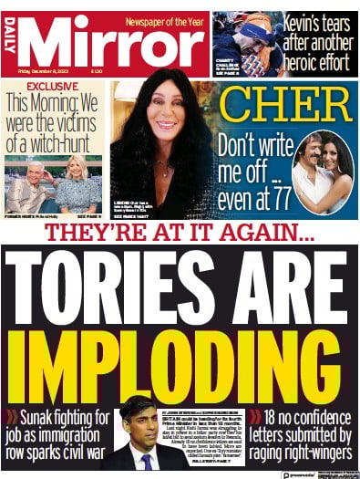 Daily Mirror (UK) Newspaper Front Page for 8 December 2023