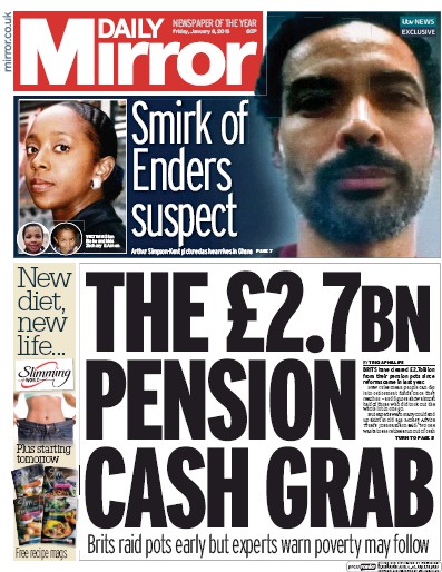 Daily Mirror Newspaper Front Page for 8 January 2016
