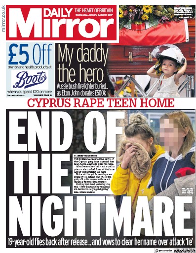Daily Mirror Newspaper Front Page for 8 January 2020