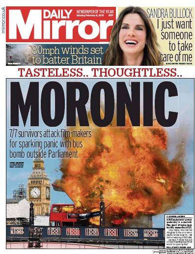 Daily Mirror Newspaper Front Page for 8 February 2016