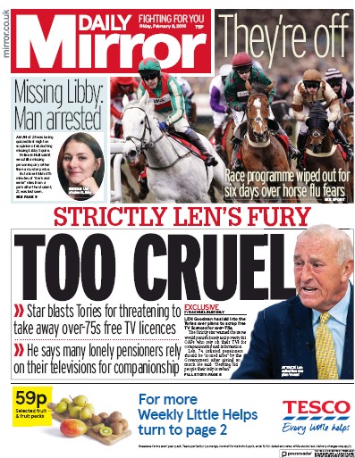 Daily Mirror Newspaper Front Page for 8 February 2019