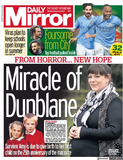 Daily Mirror Newspaper Front Page for 8 February 2021