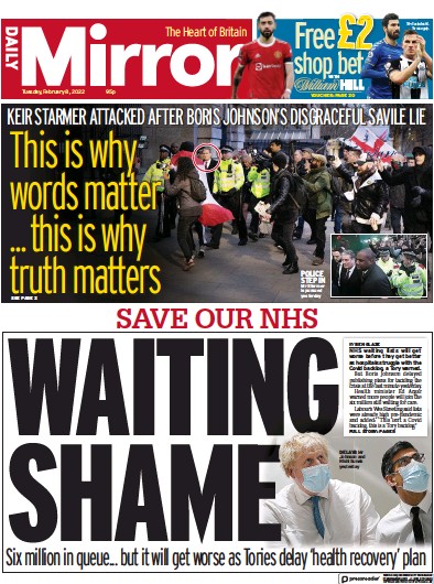 Daily Mirror Newspaper Front Page for 8 February 2022