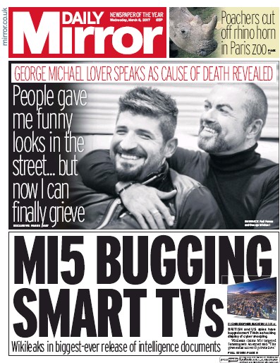 Daily Mirror Newspaper Front Page for 8 March 2017