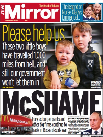 Daily Mirror Newspaper Front Page for 8 March 2022