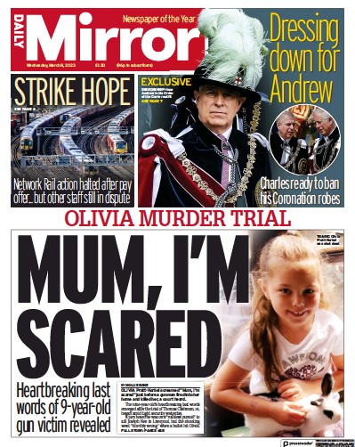 Daily Mirror (UK) Newspaper Front Page for 8 March 2023