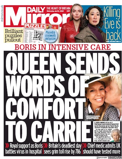 Daily Mirror Newspaper Front Page for 8 April 2020