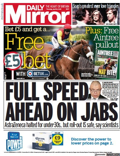 Daily Mirror (UK) Newspaper Front Page for 8 April 2021