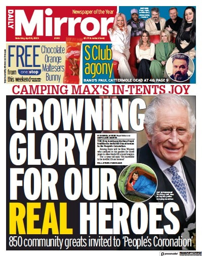 Daily Mirror (UK) Newspaper Front Page for 8 April 2023