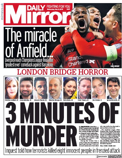 Daily Mirror Newspaper Front Page for 8 May 2019