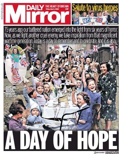 Daily Mirror Newspaper Front Page for 8 May 2020