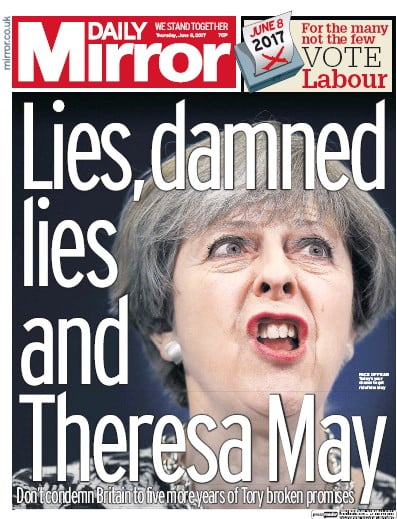Daily Mirror (UK) Newspaper Front Page for 8 June 2017