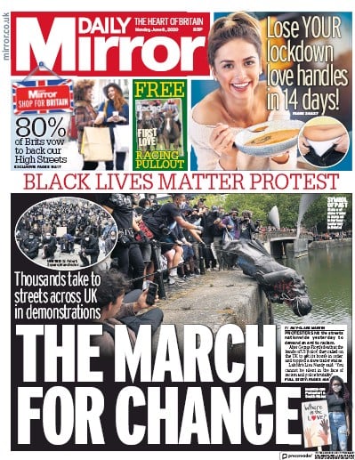 Daily Mirror Newspaper Front Page for 8 June 2020