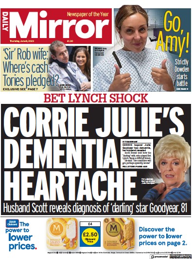 Daily Mirror Newspaper Front Page for 8 June 2023