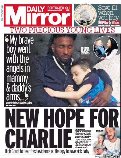 Daily Mirror Newspaper Front Page for 8 July 2017