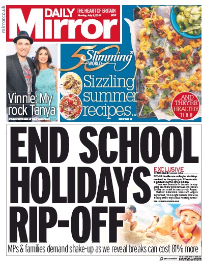 Daily Mirror Newspaper Front Page for 8 July 2019