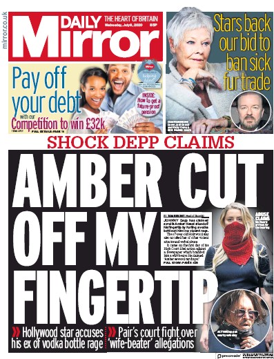 Daily Mirror Newspaper Front Page for 8 July 2020