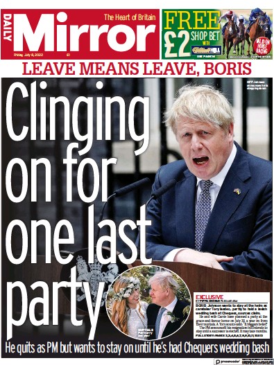 Daily Mirror Newspaper Front Page for 8 July 2022