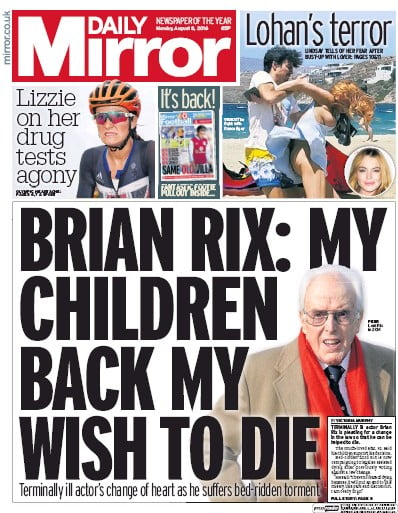 Daily Mirror Newspaper Front Page for 8 August 2016