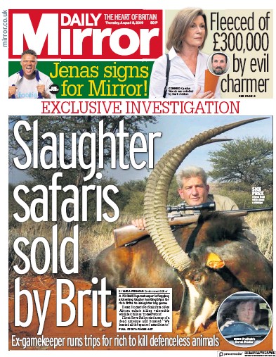 Daily Mirror Newspaper Front Page for 8 August 2019