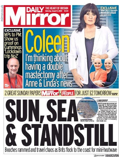Daily Mirror (UK) Newspaper Front Page for 8 August 2020
