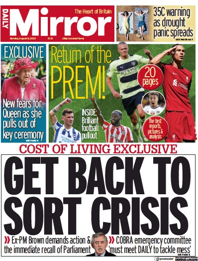 Daily Mirror (UK) Newspaper Front Page for 8 August 2022