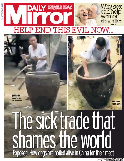 Daily Mirror Newspaper Front Page for 8 September 2016