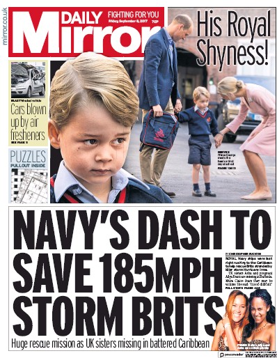 Daily Mirror Newspaper Front Page for 8 September 2017