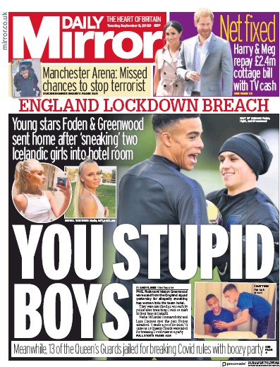Daily Mirror Newspaper Front Page for 8 September 2020