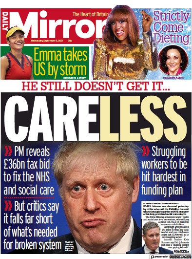 Daily Mirror (UK) Newspaper Front Page for 8 September 2021