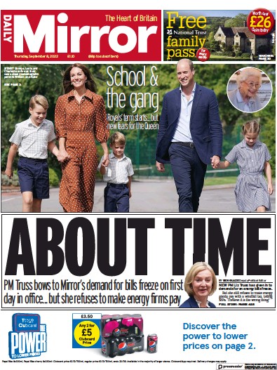 Daily Mirror (UK) Newspaper Front Page for 8 September 2022