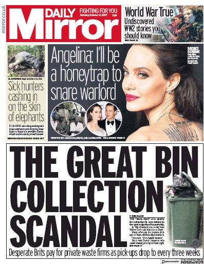 Daily Mirror Newspaper Front Page for 9 October 2017