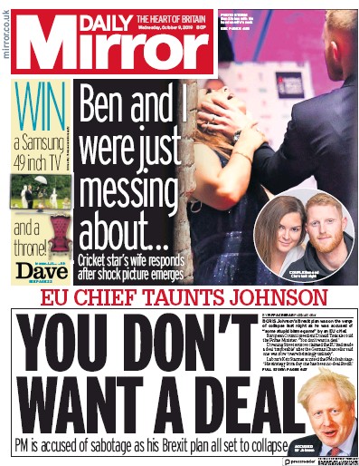 Daily Mirror Newspaper Front Page for 9 October 2019