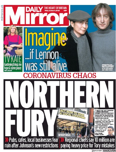 Daily Mirror Newspaper Front Page for 9 October 2020