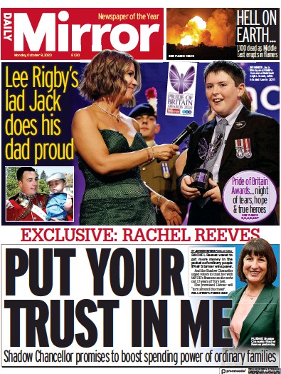 Daily Mirror (UK) Newspaper Front Page for 9 October 2023